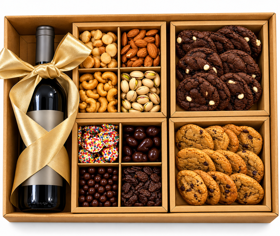 Deluxe Wine, Cookies, Chocolate & Nuts Gift Box